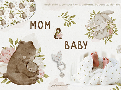 Mom & Baby - graphic collection animals baby baby illustration delicate flowers graphic collection mom surface pattern