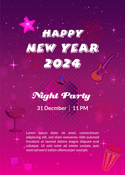 Happy New Year 2024 Party Poster With Luxury Confetti Background lettering