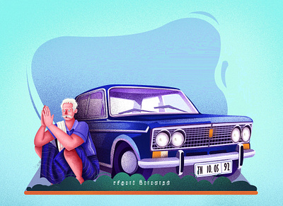 Retro Car and old man character design digital art google illustration old man retro car trending illustration ui design