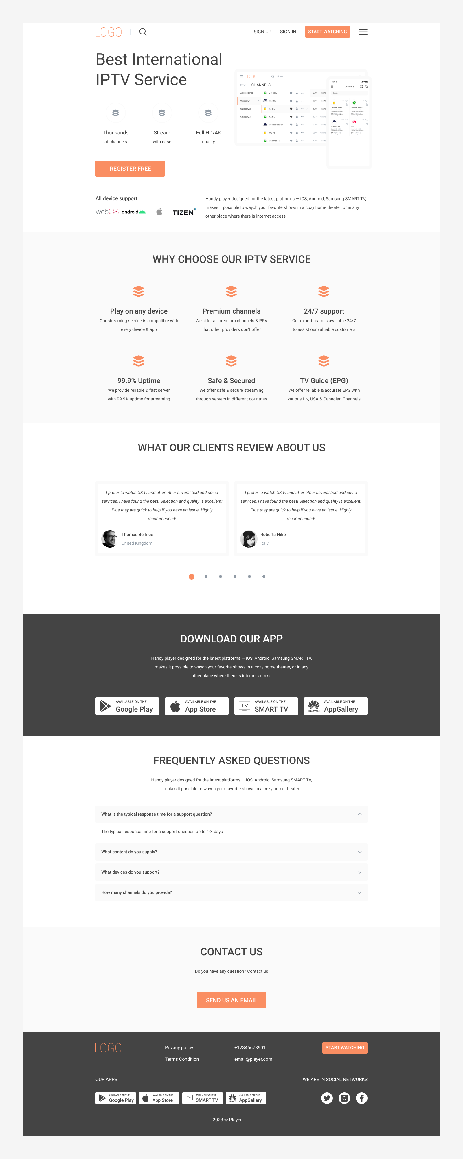 Landing Page for Player App | Tatyana Nikitenko clean design gray iptv landing main screen orange player ui ux web white