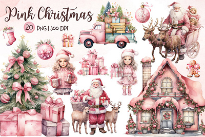 Pink Christmas Watercolor Set merry christmas clipart