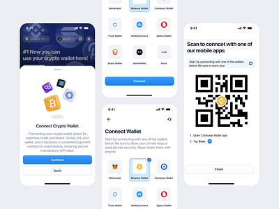 Connect Wallet - Crypto Payment Revolution for Event Ticketing apps celan binance clean coinbase configuration connect connect aps crypto design 3.0 flow connect flow wallet metamask mobile mobile ux scan settings ui ux wallet web 3.0