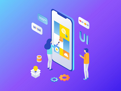 Isometric Mobile App app bubble character concept design gradient information isometric mobile search ui ux