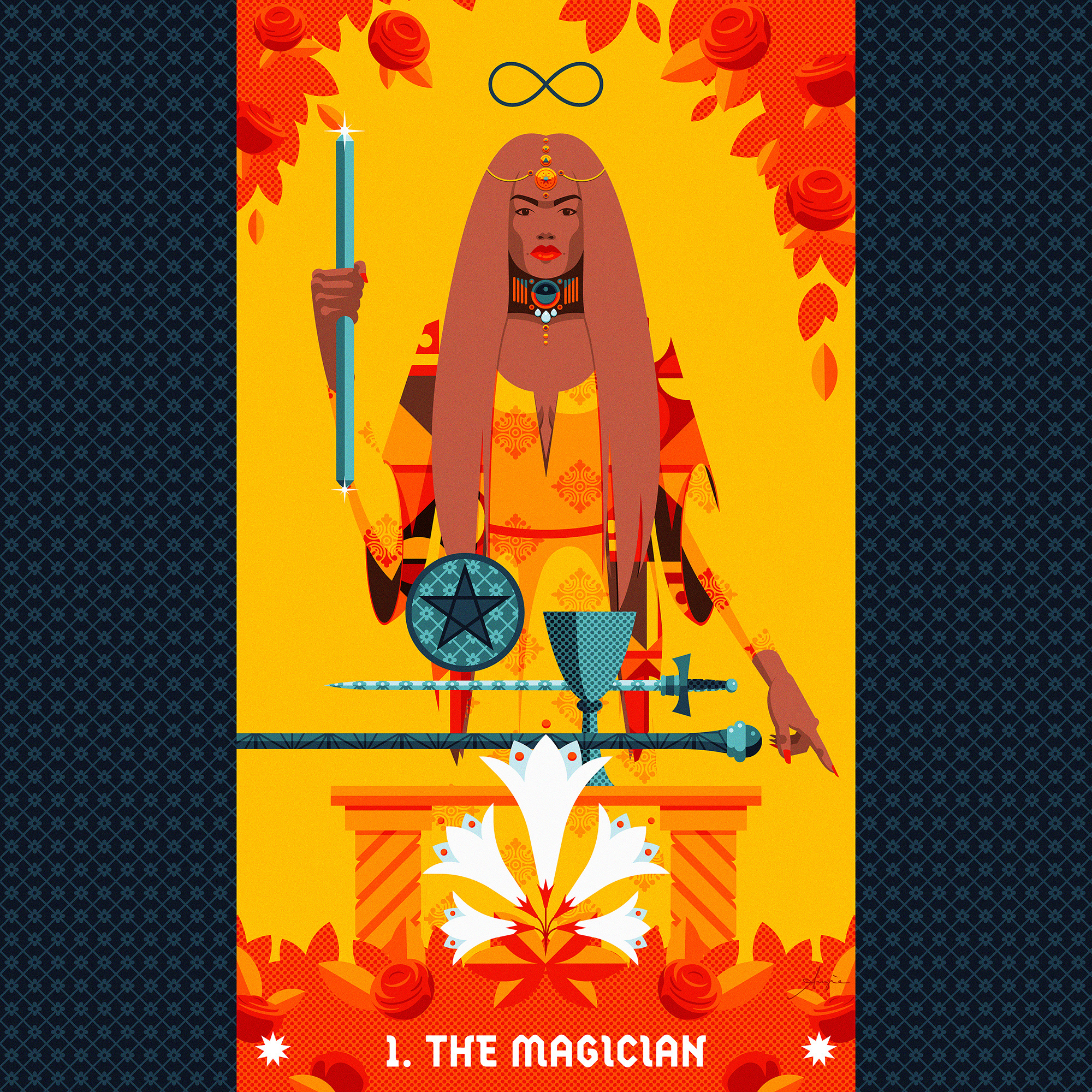 Tarot card #01: The Magician adobe illustrator artist blue brown card contrast daily art digital art flat design illustration magician major arcana orange red stylized tarot vector vector illustration women yellow