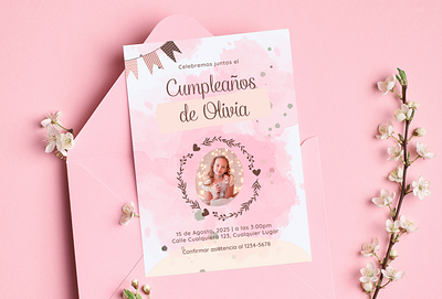 Invitacion Infantil Acuarela Rosa