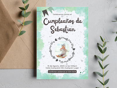 Invitacion Cumpleaños Acuarela Verde bebe celebracion cumpleaños fiesta infantil invitacion