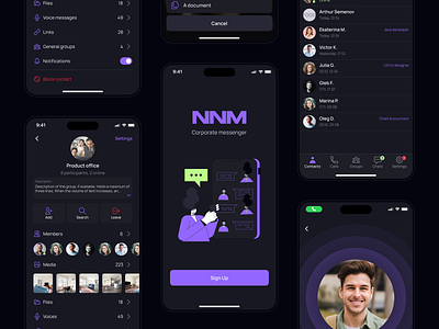 Corporate secured messenger / video calls | mobile app app calls chat chating contacts dark design encrypted ios message messenger mobile saas screens telegram ui ux video violet whatsapp
