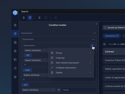 Condition builder advanced search attributes boolean boolean operators condition builder conditions context menu dark ui drawer dropdown expression filter group interface search side page table tabs tags ui