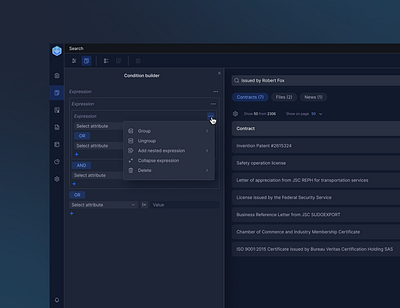 Condition builder advanced search attributes boolean boolean operators condition builder conditions context menu dark ui drawer dropdown expression filter group interface search side page table tabs tags ui