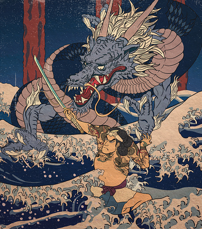 Dragon vs. Samurai artist design engraving graphic design illustration japan portrait ukiyo