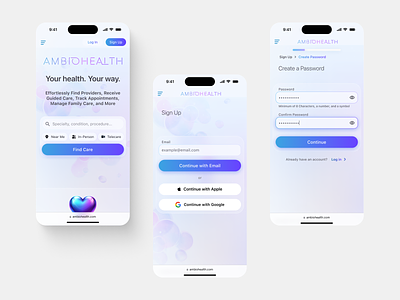 AmbioHealth - Onboarding branding case study doctor family glassmorphism health healthcare logo mobile onboarding product design profile search sign up ui ux