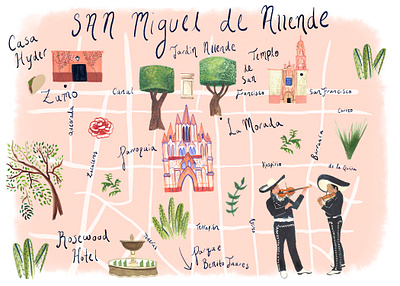 San Miguel de Allende, Mexico Illustrated Map custom map digital illustration drawing event map graphic design hand drawn map hand lettering illustrated map illustration map design painting watercolor illustration wedding map whimsical map