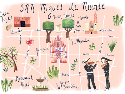 San Miguel de Allende, Mexico Illustrated Map custom map digital illustration drawing event map graphic design hand drawn map hand lettering illustrated map illustration map design painting watercolor illustration wedding map whimsical map