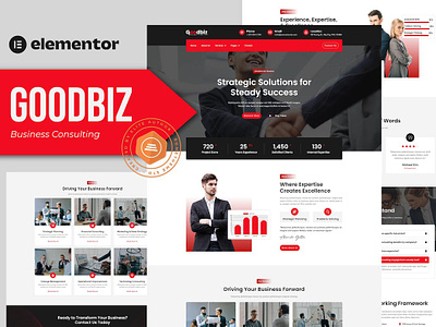 Goodbiz - Business Consulting Elementor Template Kit branding business company corporate elementor elementor kit finance graphic design modern red service ui web design web development website