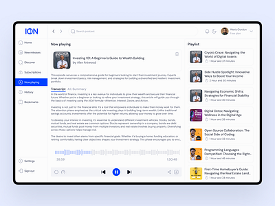 ION Podcast App: Now playing + Transcript + Playlist screen a.i. integration audio audiobook ion mobile app music now playing podcast saas startup uiux webapp website
