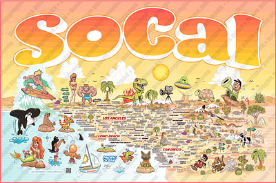 Southern California Cartoon Map beach branding cartoon design illustration kids mermaid