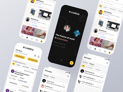 Conceptual App Design for freelance marketplace Contra branding chat design feed figma gradient home illustration light marketplace messaging minimal ui uiux ux welcome white