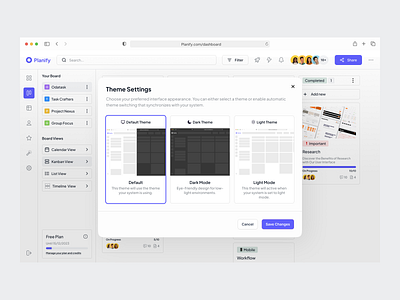 Theme Settings | Planify app dark dashboard design interface menu minimal popup preferences product design settings theme theme setting ui ux web