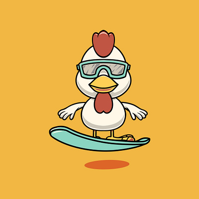 Cute chicken snowboarding cartoon illustration kawaii