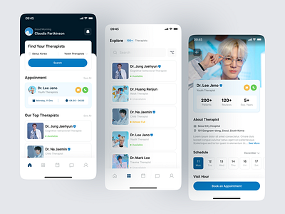 Yourtaker - Therapists Finder Mobile App appointment card categories design explore healthcare homepage mobile app navbar profile theraphists fider ui ui ideas