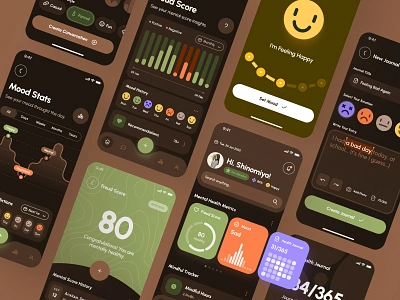 Freud UI Kit: AI Mental Health App 🧠 brown clean dark mode flat green health health ui mental health mental health tracer mental health ui minimal mood mood app mood tracker orange stress app stress tracker therapy app ui ui kit