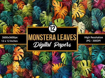 Monstera Leaves Digital Paper Patterns colorful leaves leaves leaves background leaves digital papers monstera monstera leaves natural leaves summer leaves tropical