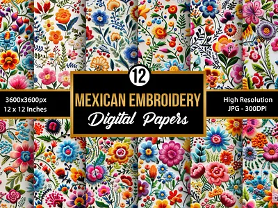 Mexican Embroidery Flowers Digital Papers digital paper embroidery embroidery digital papers floral flower pattern mexican mexican embroidery flowers patterns rainbow flowers