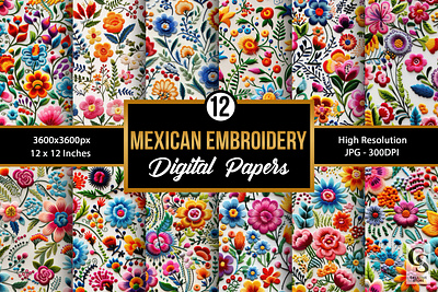 Mexican Embroidery Flowers Digital Papers digital paper embroidery embroidery digital papers floral flower pattern mexican mexican embroidery flowers patterns rainbow flowers