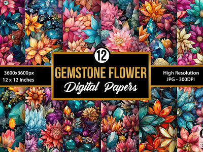 Gemstone Flowers Pattern Digital Papers diamond flowers digital papers flowers gemstone gemstone digital papers gemstone flowers paper pattern seamless seamless pattern