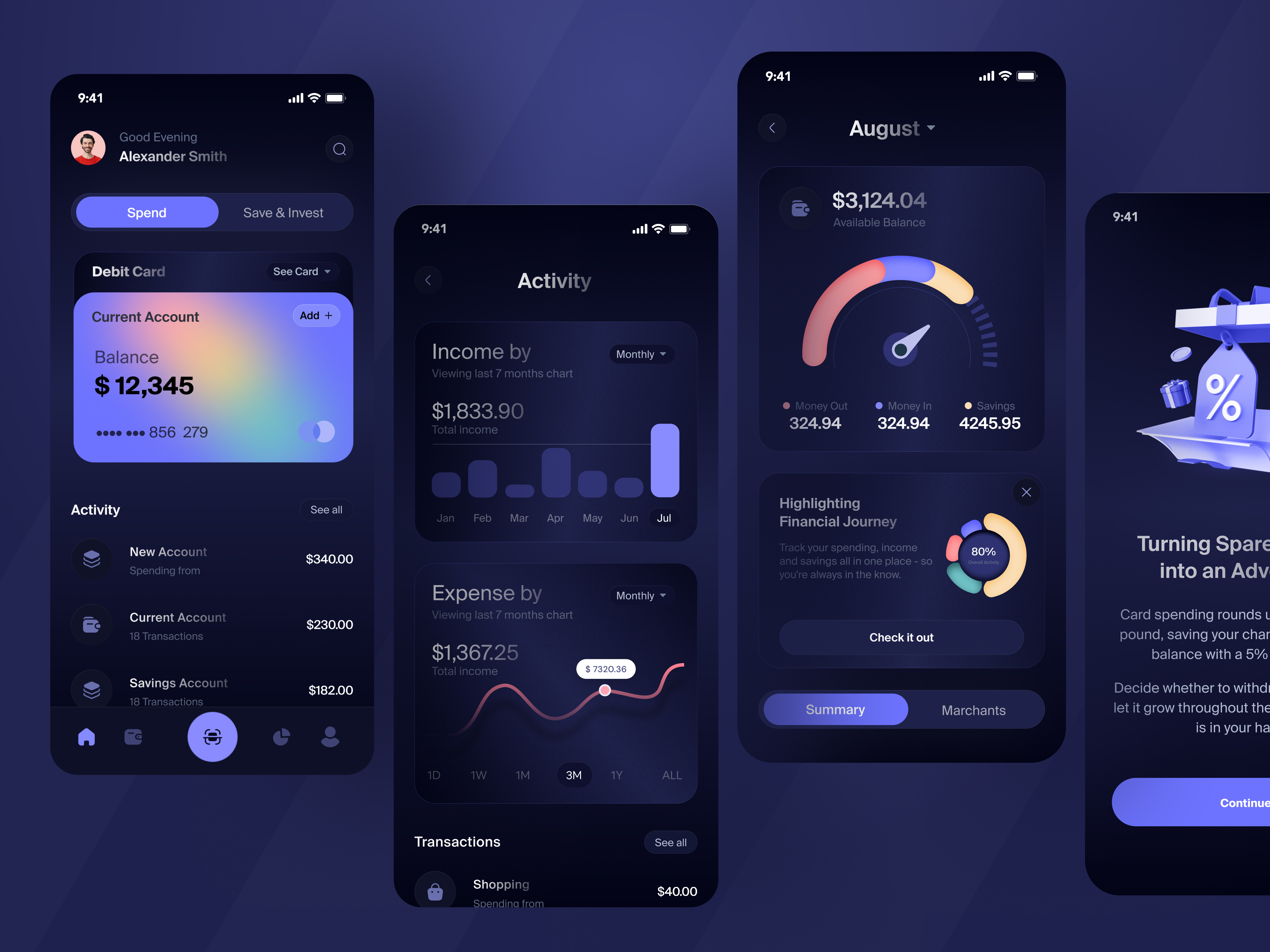 Fintech App UI account app card design financial fintech graph ios app mobile money money in money out money transfer ofspace save spend tranaction