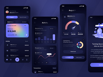 Fintech App UI account app card design financial fintech graph ios app mobile money money in money out money transfer ofspace save spend tranaction