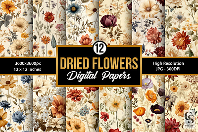 Dry Vintage Flowers Seamless Patterns digital papers dried flowers floral digital papers paper pattern vintage flower digital papers vintage flowers