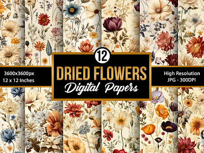 Dry Vintage Flowers Seamless Patterns digital papers dried flowers floral digital papers paper pattern vintage flower digital papers vintage flowers