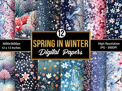 Spring in Winter Digital Paper Patterns digital paper flowers patterns pink blue flowers sakura blooms spring spring flowers winter