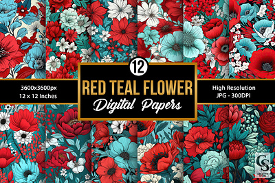 Red & Teal Flowers Digital Papers floral floral digital papers flower flowers pattern pattern red and teal red teal flowers seamless teal flower