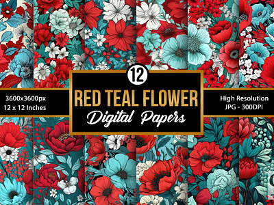 Red & Teal Flowers Digital Papers floral floral digital papers flower flowers pattern pattern red and teal red teal flowers seamless teal flower