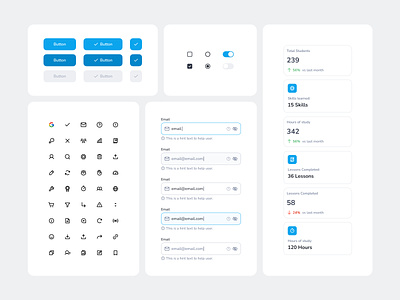 Ui-kit for the educational platform. active app buttons clean components dashboard cards design system education flat design hover icons pack learning radiobuttons states studying text fields toggles ui kit ui ux web design