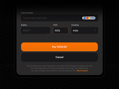 Dark Billing, Payment, Card Details UI billing checkout dark orangedesign payments subscriptions ui webapps