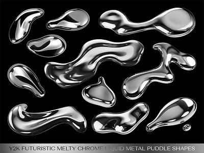 Y2K melty chrome drops on surface. Liquid metal puddles chrome droplets drops futuristic liquid metal melted melty mercuty metallic on surface puddles shapes silver spilled y2k