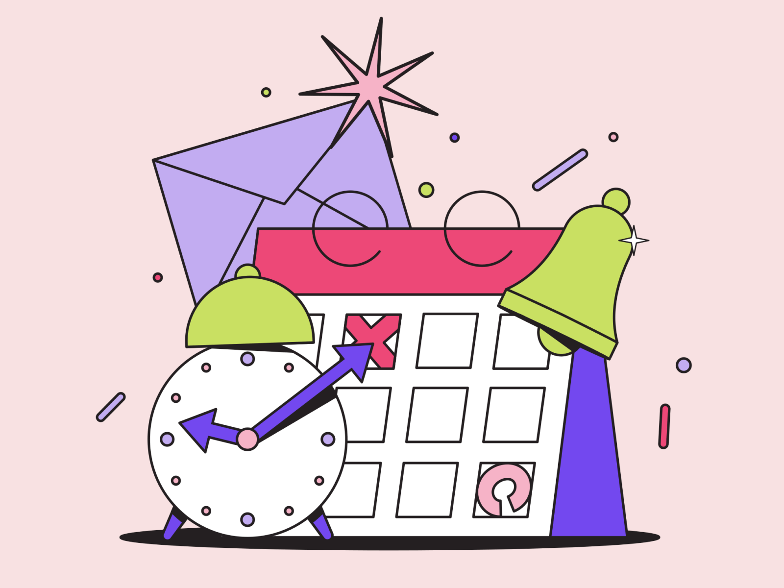 Calendar and alarm for time management 2d alarm clock animated animation bell business calendar deadline envelope graphic design illustration letter managing project motion graphics notification schedule time management ui design