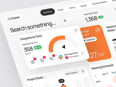 Fusion - Project Manager Integration System analytics chart dashboard dashboard design integration manage clients manage notes management meeting schedule message integration modern design project analytics project management project manager