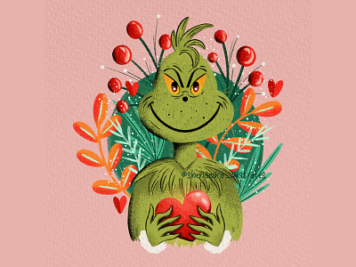 The Grinch art artwork character design christmas concept art digital art evergreen festive florals grinch grinch green grinchmas heart hearts holidays holly illustration the grinch who ville xmas