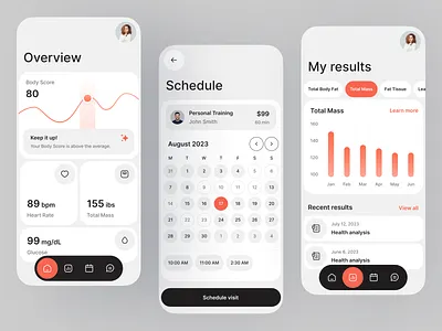 Fitness Mobile App 💪 analysis app body box card chart clean dashboard fit fitness health management orange overview schedule simple
