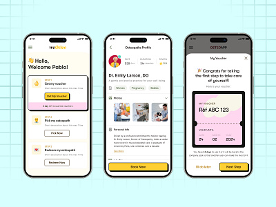 Osteopath Mobile Version design doctor health healthcare illustration landingpage message mobile mobile app mobile apps profile page ui uiix ux voucher page