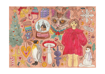 Christmas Collage in Ink art piece artwork bells cat christmas christmas tree collage decorations festive gingerbread illustration ink mushroom nature painting penguin snow flake snow globe snowman stars