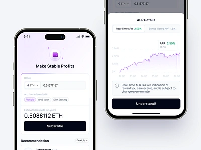 Crypto App - Reward Calculator & APR Details app apr button calculator chart crypto cryptocurrencies dashboard detail details grap icon mobile money purple stats transaction