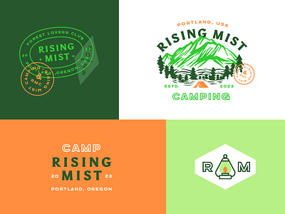 Rising Mist Camping badge branding camp design graphic design logo mist mountain nature oregon portland retro rising simple tent trees typography vector vintage