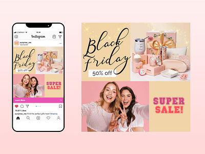 Instagram ad for Black Friday promotions, Special gift kits black friday cosmetic brand digital ad gift kit girly graphic design happy girls instagram instagram post meta phone ad pink present social media social media ad social media design super sale