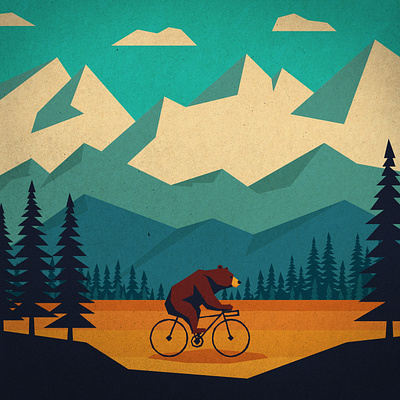 Bears When No One Is Looking: 2d adobe illustrator bear bike biking bear grizzly illustration mountains national parks retro scene texture vector vintage