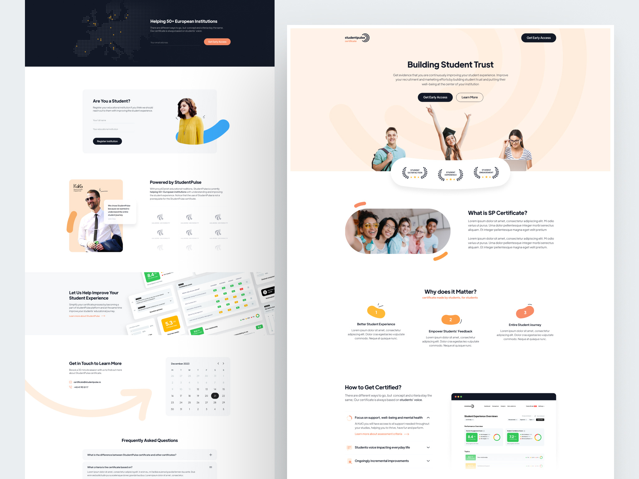 StudentPulse Certificate - Website certificate circular shapes education landing page minimal orange rating student experience award student pulse students testimonials ui university user interface usp web design website white label